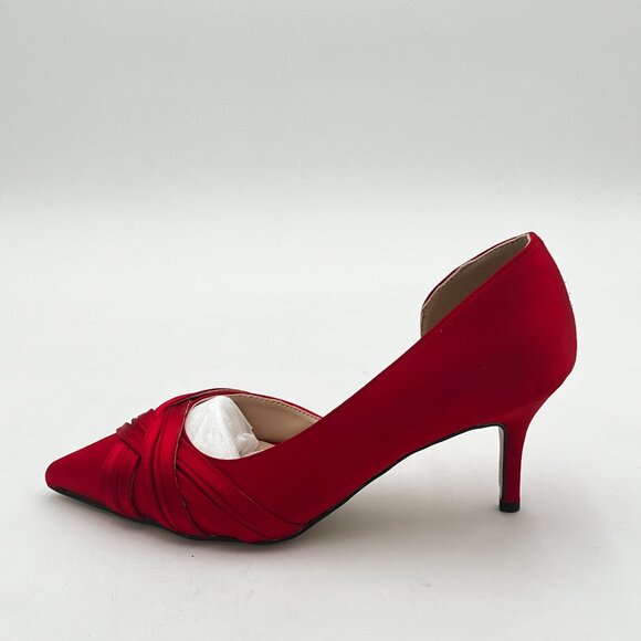 FSJ Red Women Low Kitten Heels Pointed Toe Slip on Pumps D'Orsay Pleated Satin - Picture 3 of 5